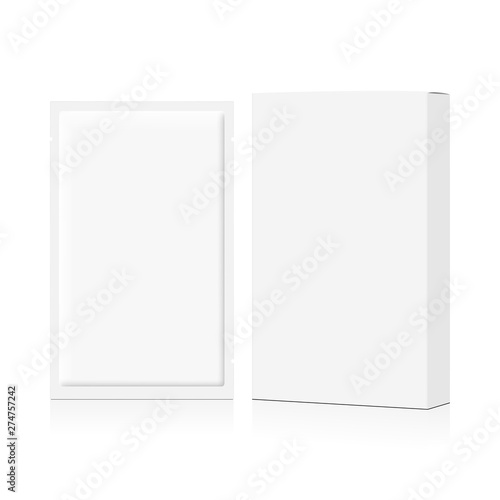 Cosmetic sachet and packaging box mockup isolated on white background. Vector illustration