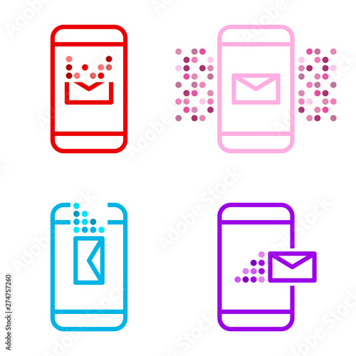 A set of four multi-colored message icons on a mobile device. Receive, send, delete and alert. Vector on white background