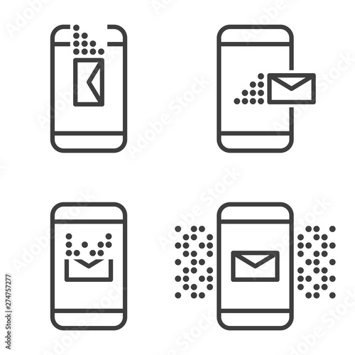 A set of four message icons on a mobile device. Receive, send, delete and alert. Vector on white background