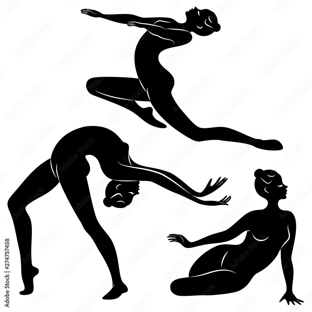 Collection. Silhouette of slender lady. Girl gymnast. The woman is flexible and graceful. She is jumping. Graphic image. Vector illustration set Collection. Silhouette of slender lady. Girl gymnast. The woman is flexible and graceful. She is jumping. Graphic image. Vector illustration set