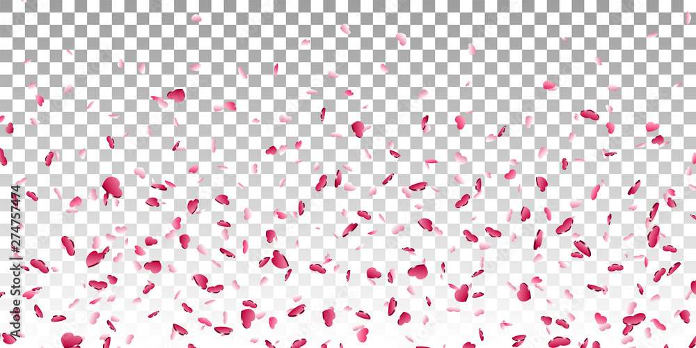 Heart falling confetti isolated white transparent background. Red fall hearts. Valentine day decoration. Love element design, hearts-shape confetti wedding card, romantic holiday. Vector illustration