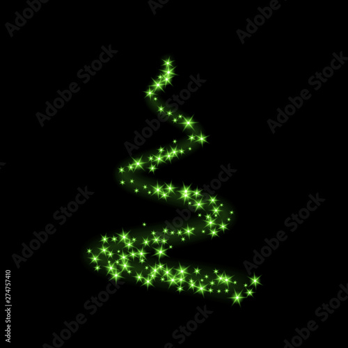 Stylized green Christmas tree as symbol of Happy New Year holiday or Merry Christmas celebration. Bright design element for card on black background. Vector illustration