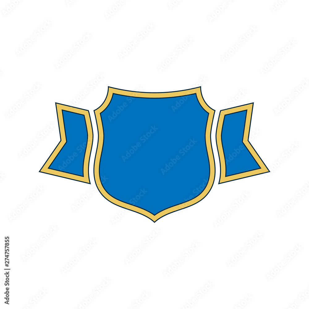 Shield blue icon Gold outline shield, golden simple ribbon isolated white background. Flat sign Symbol arms, security badge, heraldic insignia, guard protect. Safety element crest. Vector illustration Shield blue icon Gold outline shield, golden simple ribbon isolated white background. Flat sign Symbol arms, security badge, heraldic insignia, guard protect. Safety element crest. Vector illustration