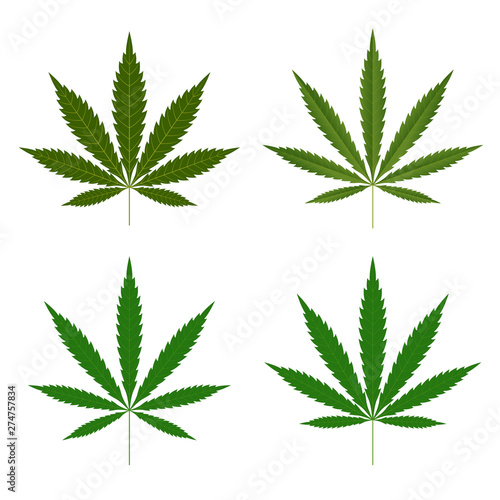Cannabis leaf icons set. Green silhouette indica sativa isolated white background. Herbal medicine herb plant. Natural weed hemp. Addiction smoke drug Illegal narcotic marijuana. Vector illustration