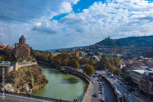 Top view of the Kura River and Metekhi Cathedral photo