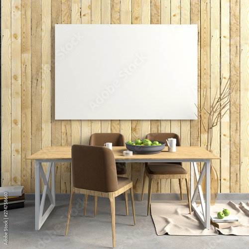 Mock up poster in interior with dining area. living room modern style. 3d illustration