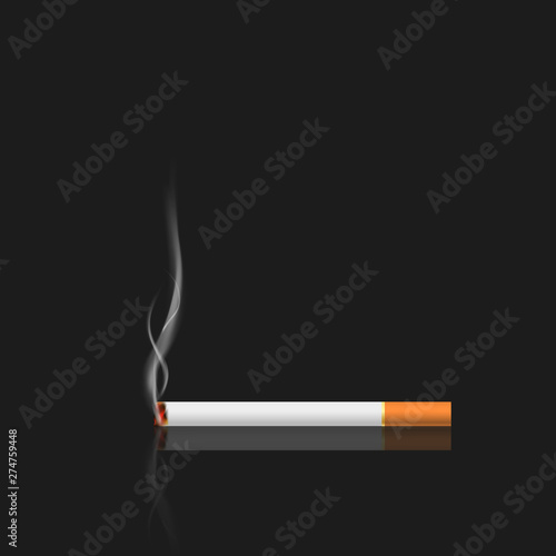 Cigarette with smoke isolated on black background with reflection. Vector illustration