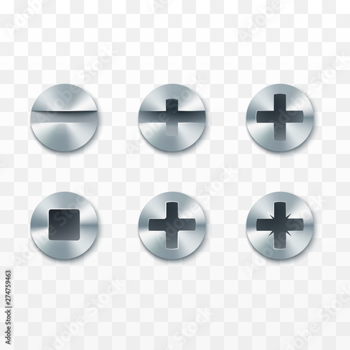 Screws, rivets and bolts set. Vector illustration isolated on transparent background
