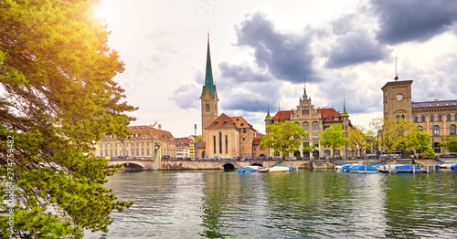 Zurich  Switzerland. View of the historic city center with famous Fraumunster Church  on the Limmat river