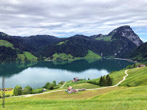 Alpine pastures and grasslands in the valley of Wagital or Waegital and by the alpine Lake Wagitalersee (Waegitalersee), Innerthal - Canton of Schwyz, Switzerland photo