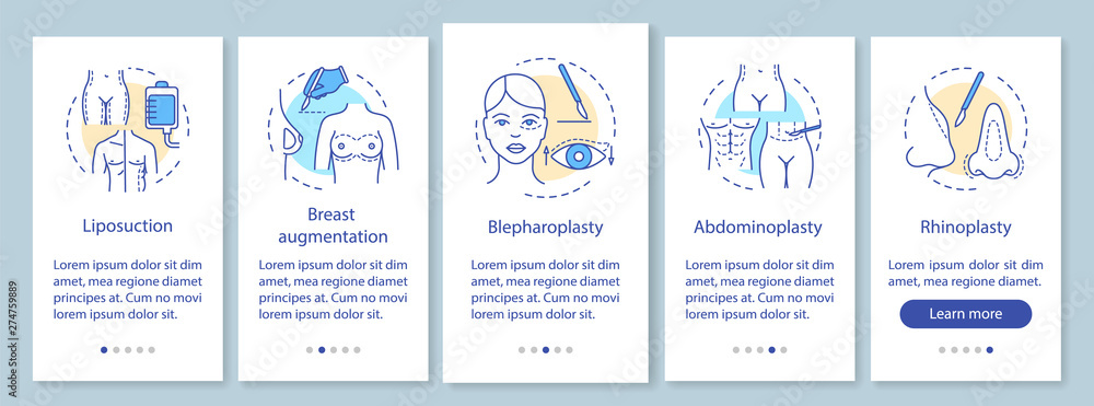 Plastic surgery procedures onboarding mobile app page screen with linear concepts Plastic surgery procedures onboarding mobile app page screen with linear concepts