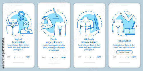 Plastic surgery center services onboarding mobile app page screen with linear concepts