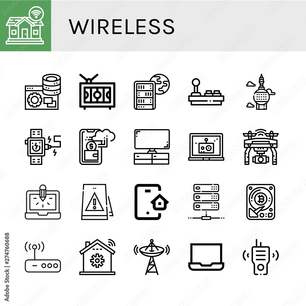 Set of wireless icons such as Smart home, Server, Television, Global server, Joystick, Tower, Smartwatch, Cashless, Laptop, Drone, Signaling, Smart house, Hard disk , wireless Set of wireless icons such as Smart home, Server, Television, Global server, Joystick, Tower, Smartwatch, Cashless, Laptop, Drone, Signaling, Smart house, Hard disk , wireless