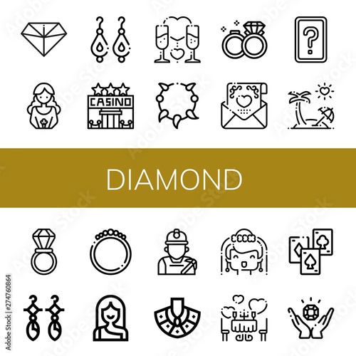 Set of diamond icons such as Diamond, Bride, Earrings, Casino, Romantic, Necklace, Wedding rings, Wedding invitation, Card game, Honeymoon, Wedding ring, Bracelet, Troglodyte , diamond