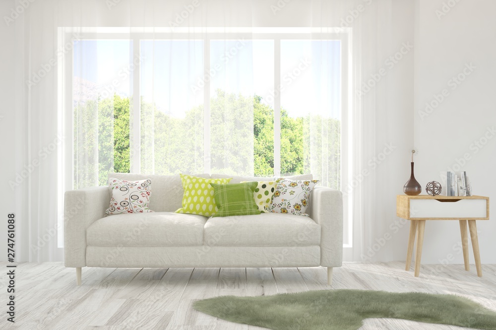 Stylish room in white color with sofa and summer landscape in window. Scandinavian interior design. 3D illustration Stylish room in white color with sofa and summer landscape in window. Scandinavian interior design. 3D illustration