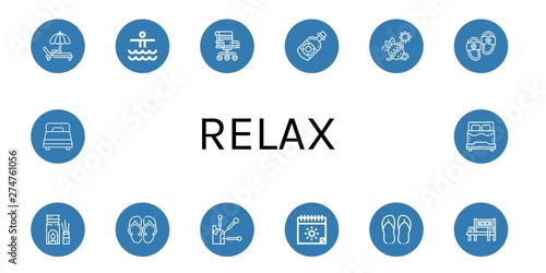 Set of relax icons such as Deck chair, Waterpark, Chair, Essential oil, Sunbathing, Slippers, Aromatherapy, Sandal, Acupuncture, Summer, Flip flops, Bench, Bed , relax