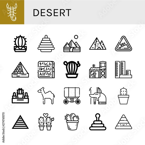 Set of desert icons such as Scorpion, Cactus, Pyramid, Pyramids, Hill, Egypt, Military base, Overpopulation, Camel, Wagon, Anubis , desert