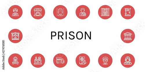 Set of prison icons such as Police, Police station, Prisoner, Judge, Jail, Prison, Jury, Prisoner transport vehicle, Justice, Cop, Legal , prison
