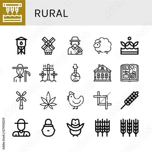 Set of rural icons such as Seeder, Water tower, Windmill, Farmer, Sheep, Crops, Domra, Izba, Agriculture, Weed, Hen, Crop, Wheat, Wicker basket, Cowboy hat , rural