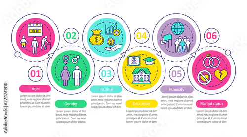 Demographics vector infographic template. Business presentation design elements. Data visualization with 6 steps and options. Process timeline chart. Workflow layout with linear icons