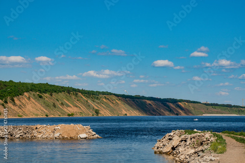 terrain, landscape, hills, cliff, shore, blue, sky, white, clouds, forest, trees, beauty, river, water, mound, space