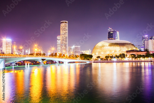SINGAPORE, SINGAPORE - MARCH 2019: Esplanade bridge and esplanade theaters on the bay. Singapore