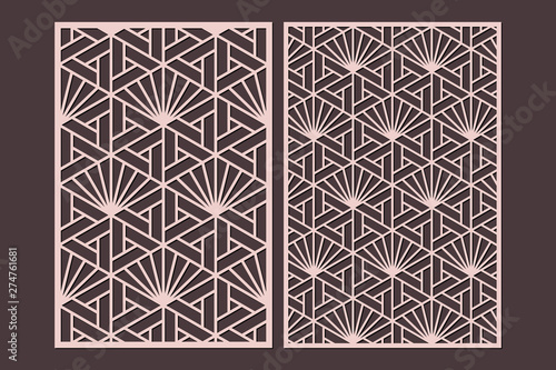 Laser cut cabinet fretwork perforated panel templates with pattern in japanese kumiko style. Geometric hexagon ornamental panels, rate 2:3. Metal, paper or wood carving. Outdoor screen.