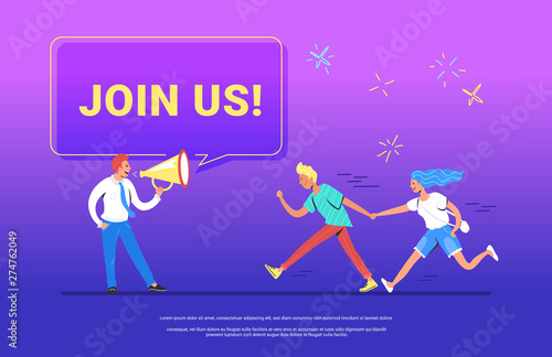 Join us concept vector illustration of happy manager shouting on megaphone to invite new customers or users for his project
