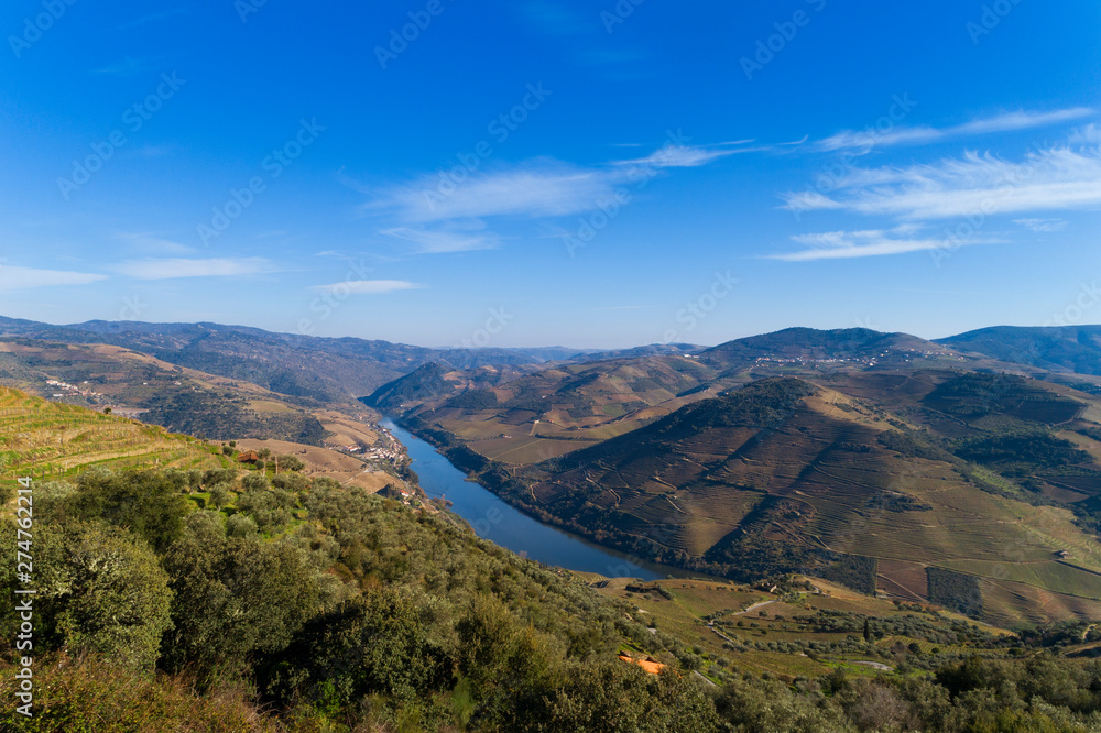 Scenic aerial view of the Douro Valley and river with terraced vineyards near the village of Tua, Portugal