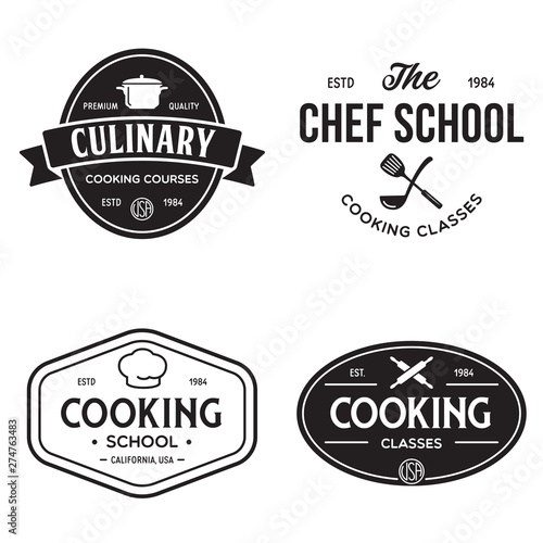 Set of vintage retro handmade badges, labels and logo elements, retro symbols for cooking school, culinary courses, food or home cooking.