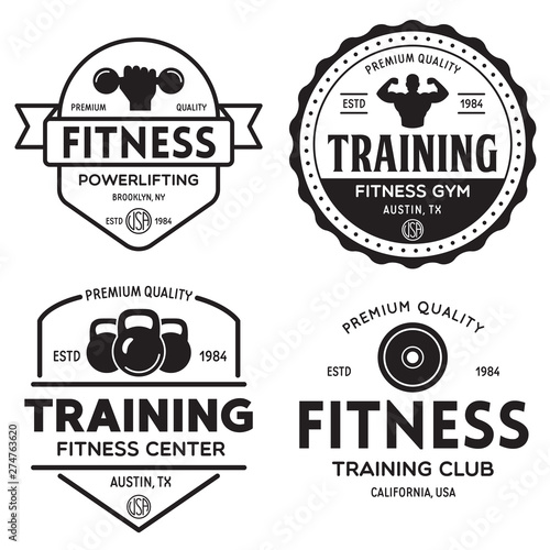 Set of fitness badges with sport equipment and people. Labels in vintage style with sport silhouette symbols.