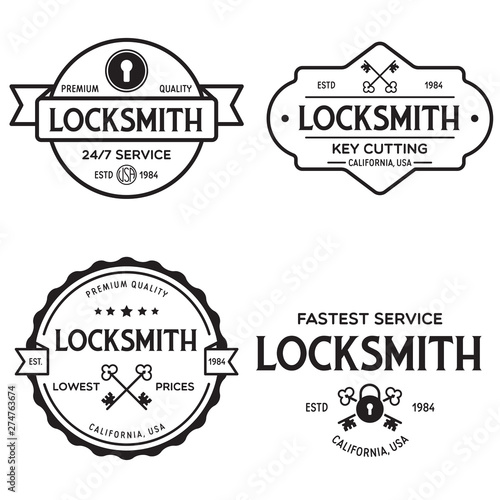 Set of vintage locksmith logo, retro styled key cutting service emblems, badges, design elements, logotype templates.