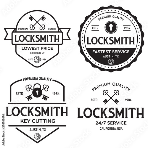 Set of vintage locksmith logo, retro styled key cutting service emblems, badges, design elements, logotype templates.