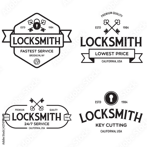 Set of vintage locksmith logo, retro styled key cutting service emblems, badges, design elements, logotype templates.