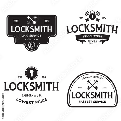Set of vintage locksmith logo, retro styled key cutting service emblems, badges, design elements, logotype templates.