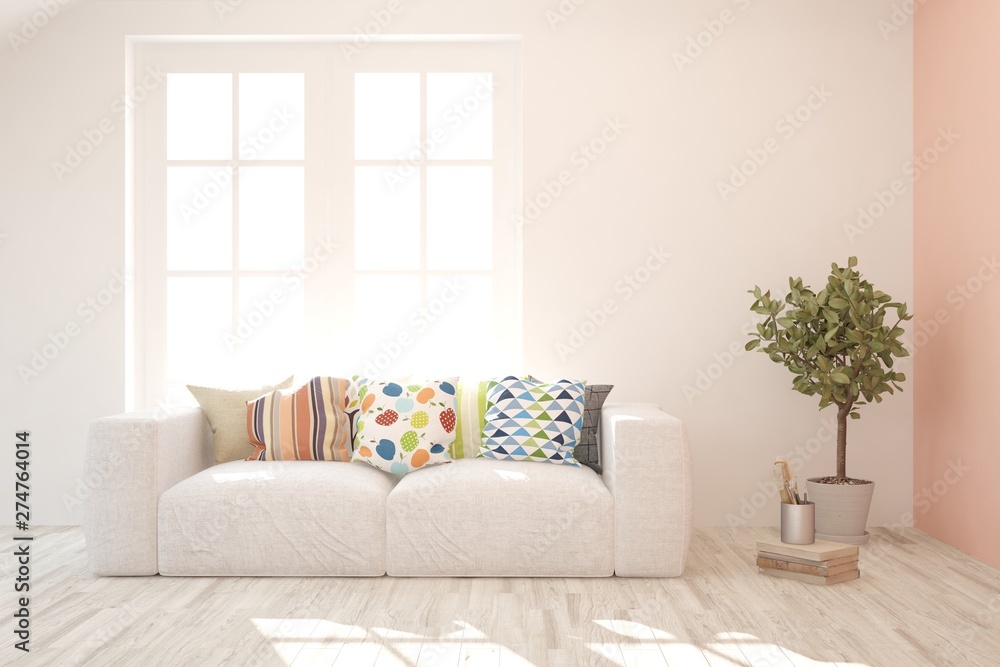 Fototapeta premium Stylish room in white color with sofa. Scandinavian interior design. 3D illustration