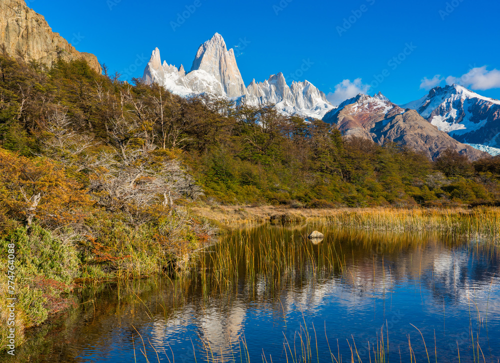Fitz Roy reflection in a lagoon in Patagonia Argentina