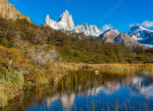 Fitz Roy reflection in a lagoon in Patagonia Argentina