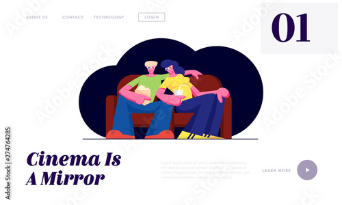 Young Couple Watch Movie in Cinema with Popcorn and Beverages in 3d Glasses Sitting on Couch on Weekend. Love, Leisure, Day Off Website Landing Page, Web Page. Cartoon Flat Vector Illustration, Banner