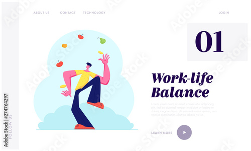 Man Juggling with Different Fruits and Vegetables. Juggler Throwing Up Healthy Vegetarian Products, Vitamins, Eco Food, Health Website Landing Page, Web Page. Cartoon Flat Vector Illustration, Banner
