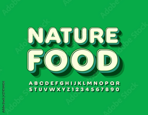 Fototapeta Naklejka Na Ścianę i Meble -  Vector green sign Nature Food with isometric Uppercase Font. Isometric retro style Alphabet Letters and Num