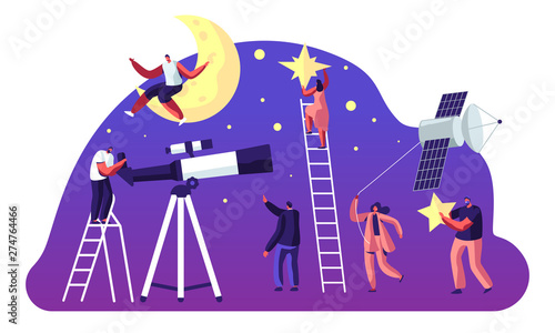 Astronomy Science, Male Female Characters Watching on Moon and Stars at Telescope, Studying Space, Cosmos Exploration , Sputnik, Scientific Investigation, Education, Cartoon Flat Vector Illustration