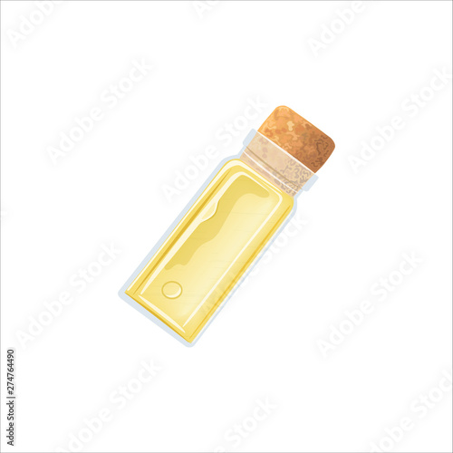 Yellow Oil empty phial with cork, tranparent icy-white vial, scent bottle, medicine bottle, jar.