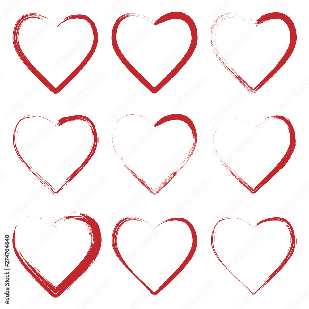 set of hearts made with grunge brush