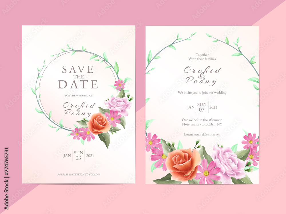 Elegant Floral Wedding Invitation Set of Floral Geometric Frame. Greenery Cards Template with Watercolor Background. Modern Poster of Flowers