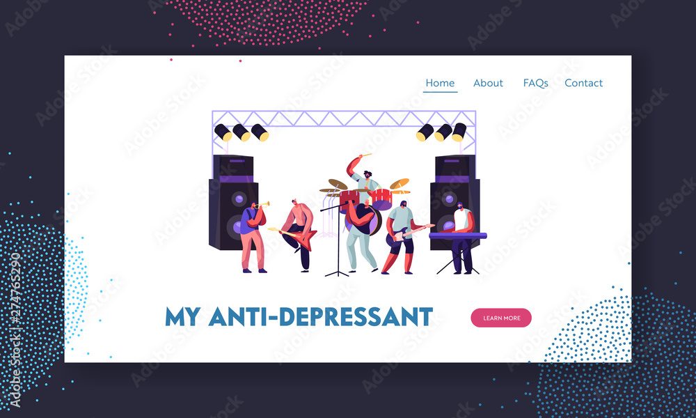 Men Artists Playing with Musical Instruments, Rock Band Performing on Stage. Electric Guitarists, Drummer, Singer, Trumpeter Website Landing Page, Web Page. Cartoon Flat Vector Illustration, Banner