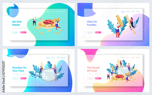 Pasta Cooking Website Landing Page Set, Characters Put Spaghetti and Dry Macaroni of Various Kinds to Huge Pan with Boiling Water, Eating with Sauce Web Page. Cartoon Flat Vector Illustration, Banner