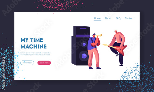 Rock Band Performing Musical Concert on Stage. Electric Guitarist and Trumpeter near Huge Dynamic, Artists Playing Music Show Website Landing Page, Web Page. Cartoon Flat Vector Illustration, Banner