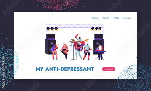 Men Artists Playing with Musical Instruments, Rock Band Performing on Stage. Electric Guitarists, Drummer, Singer, Trumpeter Website Landing Page, Web Page. Cartoon Flat Vector Illustration, Banner