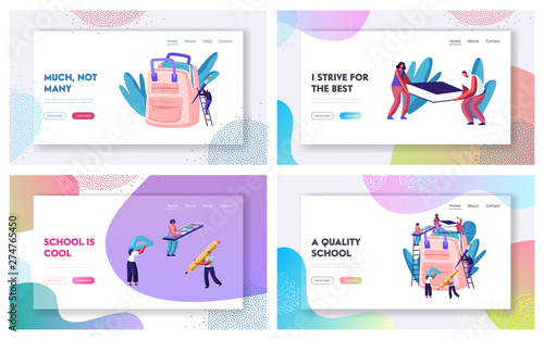 Back to School Website Landing Page Set, Male and Female Characters on Ladders Put Accessories into Backpack. Pencil, Paints, Book, Brush, Education. Web Page. Cartoon Flat Vector Illustration, Banner